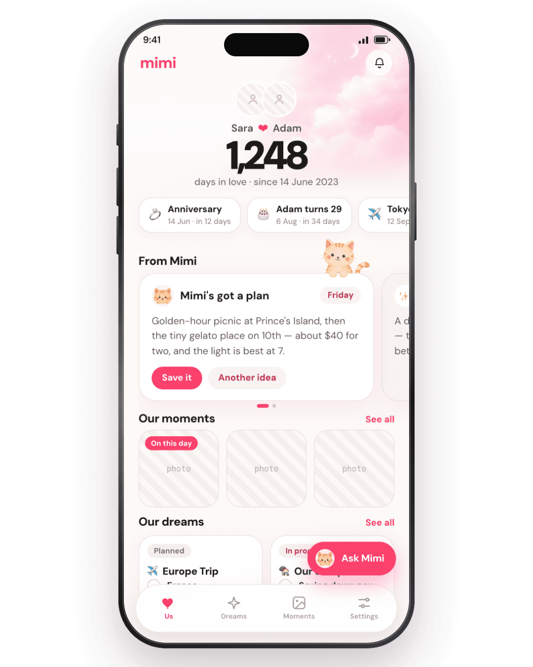 The Mimi home screen, showing the love-days counter
